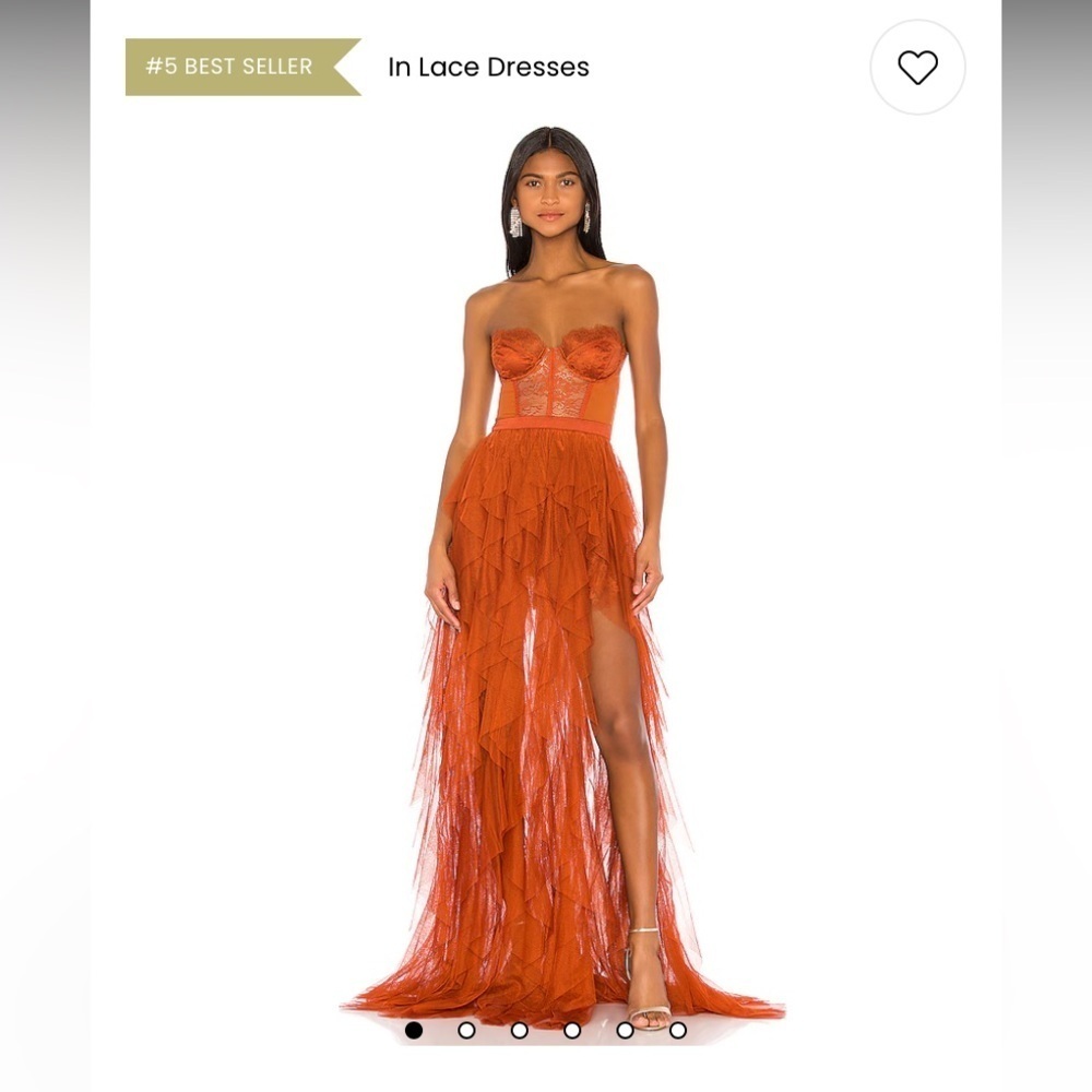 For Love & Lemons Rust Orange Strapless Lace Maxi Dress